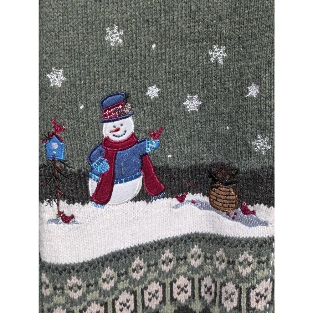 Croft & Barrow Women's Green Snowman Long-Sleeve Front-Zip Cardigan Sweater Size